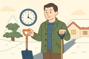 雪かきの作業時間を分けて計画する様子のイラスト。