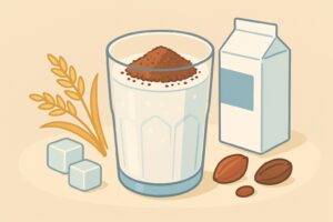 親子が豆乳やヨーグルトにミロを混ぜて楽しんでいる朝食シーンのイラスト
