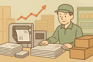 新聞の値上げを象徴する印刷工場と働く人のイラスト