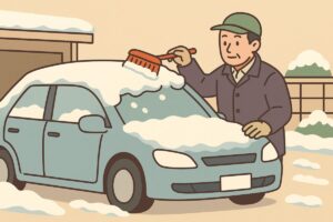 積雪した車を雪かきするイラスト。