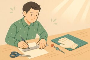 定規で測って位置決めをする様子と、安全手袋をして作業する人のイラスト