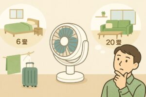 部屋の広さに応じてサーキュレーターを選ぶイメージのイラスト