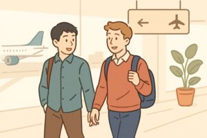 空港で一緒に歩き始める人々