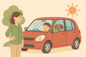 真夏に子供とペットが車に乗っていて、エアコンを使うためにエンジンをかけているシーン