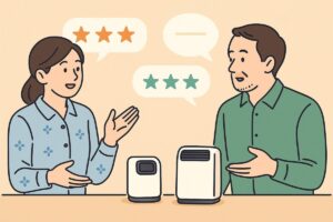 口コミや評判を語り合うイメージ。30代主婦と40代男性が会話している場面