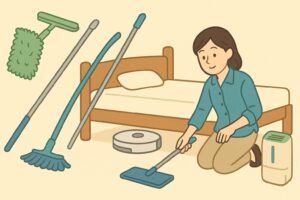 掃除の手順（収納を出す→掃除→除湿）をシンプルに表現したイラスト