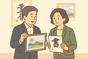 審査員が作品を比較しながら評価している様子のイラスト。