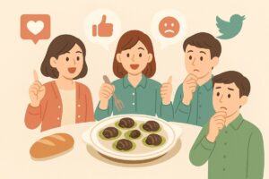 エスカルゴを食べた人々の感想をイメージしたイラスト
