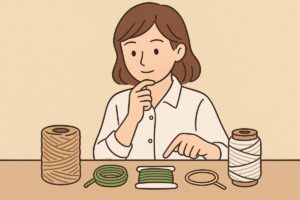 糸の種類を比較しているイラスト。麻紐・刺繍糸・タコ糸が並び、指で選んでいるシーン