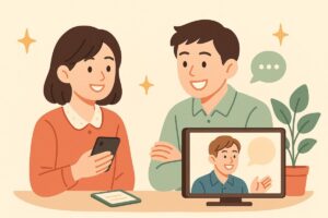 有名人の体験談を聞いて安心する若者のイラスト