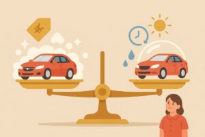 泡ブローワックスと泡ブローコートを天秤にかけて比較するイラスト