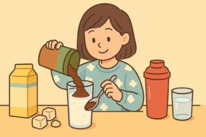 冷たい牛乳に溶けたミロを笑顔で飲む大人のイラスト、背景に麦芽やココア豆が添えられている