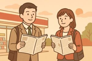 コンビニで新聞を買う男女と早朝の風景を描いたイラスト