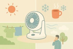 サーキュレーターが生活を快適にしているイメージのイラスト
