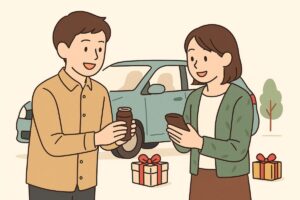 缶コーヒーやお菓子を差し入れして感謝を伝える人物のイラスト