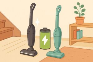 高級感あるEC-SR9とシンプルなEC-SR8を並べ、背景に階段と収納棚を描いたイラスト
