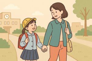 母親と子どもが一緒に学校へ行く姿