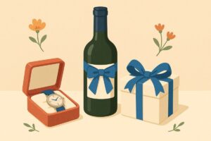 青いリボンをかけたワインボトルやジュエリーケースが並んでいる様子