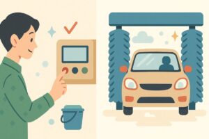 洗車機のメニューを選んでいる様子と、車を正しく位置に停めているシーンを描いたイラスト