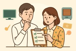 選び方のポイントを検討する男女のイメージ。20代後半のカップルがチェックリストを見ている