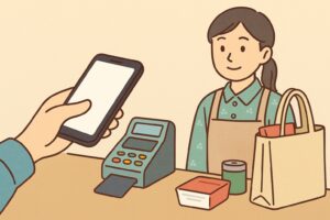 100均でキャッシュレス決済を利用している様子のイラスト
