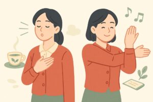 緊張を和らげる呼吸法やストレッチを実践する人物のイラスト