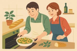 自宅でエスカルゴを調理しているイラスト