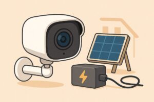 最新モデルの防犯カメラとソーラーパネルのイラスト