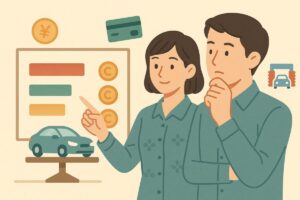 洗車機の料金表を見比べている人物のイラスト