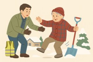 雪かき中に滑りそうになる人物と周囲で協力する人々のイラスト。