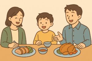 食卓で料理を囲みながら笑顔で話す家族のイラスト。代用品で作った料理を楽しんでいる様子