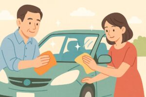 洗車後にタオルで車体を拭き上げている男女のイラスト。背景に青空