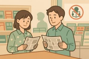 コンビニで新聞を買う際にマナーを守る人々のイラスト