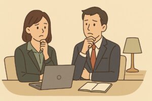 メールの表現に悩みながら考えている社会人のイラスト