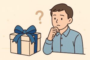 青いリボンに関する質問を考えている人物のイラスト