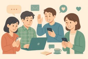 匿名で体験を共有し励まし合う人々のイラスト