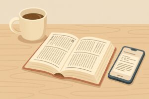 辞書とスマホで言葉を調べる場面