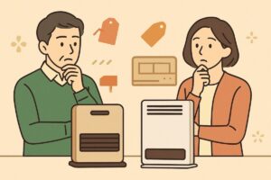 型落ちモデルを検討するシーン。40代男女が古い家電と新しい家電を比べている