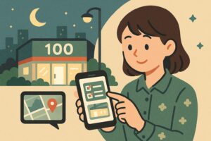 深夜営業店舗を効率的に利用するためにスマホを活用する人のイラスト