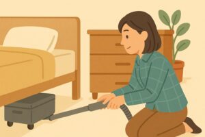 脚付きベッドやキャスター収納を使って掃除を楽にしているイラスト