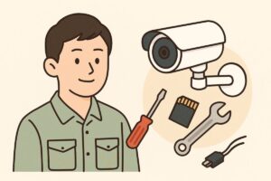防犯カメラ設置時の工事や録画をイメージしたイラスト