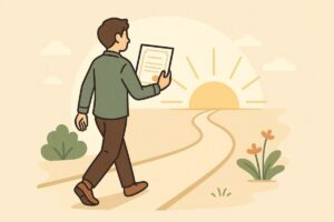 未来に向かって歩き出す人物と賞状を重ね、希望を表現するイラスト。