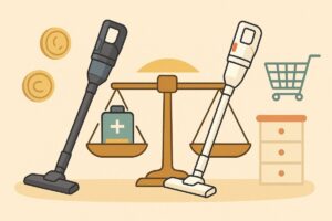 天秤の上にEC-SR9とEC-SR8を配置し、背景にコインやショッピングカートを描いた価格比較イラスト