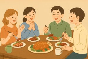 代用品を使った料理が食卓に並び、家族や友人が楽しそうに食事しているイラスト。料理を工夫する楽しさを象徴している