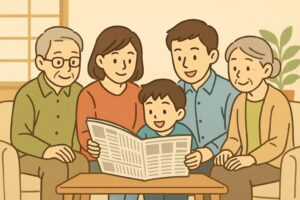 家族が一緒に新聞を読む温かい雰囲気のイラスト