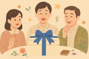 青いリボンをかけた贈り物を中心に、笑顔で囲む人々のイラスト