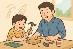木片と釘を使って自作パンチを作る様子のイラスト