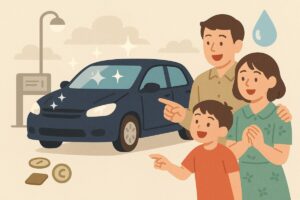 泡ブロー洗車後に輝く車を確認している家族のイラスト