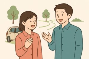 先輩と笑顔で話しながら未来の交流を想像する人物のイラスト