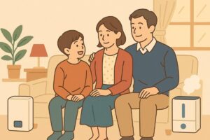 家族がHXシリーズを利用して快適に過ごす様子。夫婦と子供がリビングで団らん